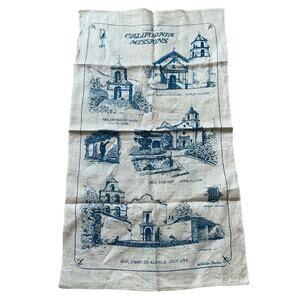 Vtg Tea Towel California Missions Warren Boucher Artwork Unused Pristine Blue